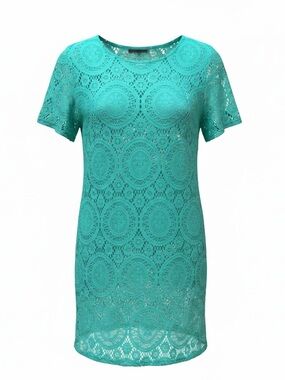Tacera Teal Crochet Lace Short Sleeve Tunic